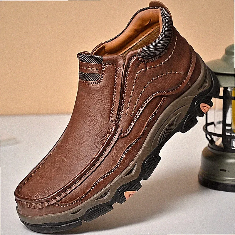 Men Leather Shoes High Top Boots Pull on Round Toe Hiking Outwear Shoes Large Sz