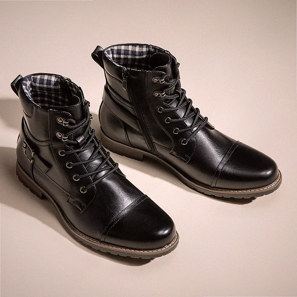 Men Motorcycle Combat Boots Military Boots Riding Ankle Leather Boots Black Size