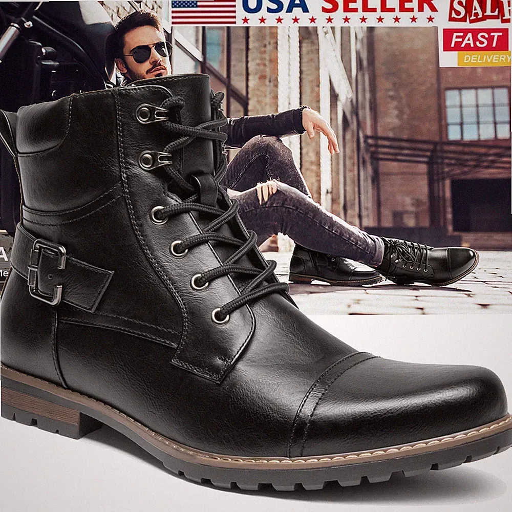 Men Motorcycle Combat Boots Military Boots Riding Ankle Leather Boots US Size