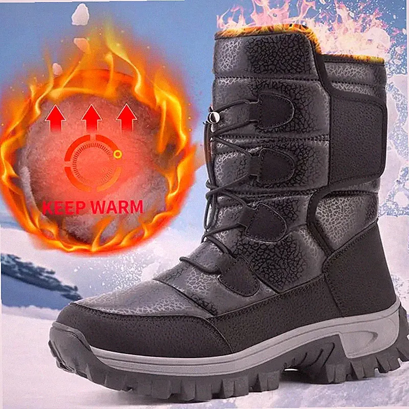 Men Plush Snow Boots High Top Winter Waterproof Motorcycle Outdoor Hiking Shoes