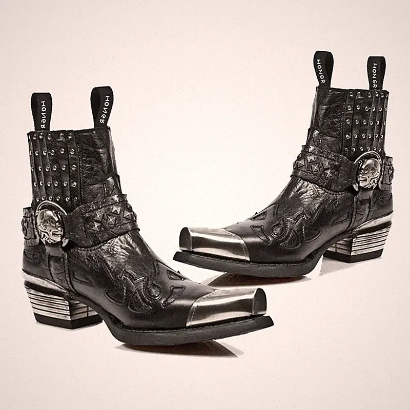 Men Pointed Western Chelsea Boots Spanish Tide Brand Punk Rivet Leather Sneakers