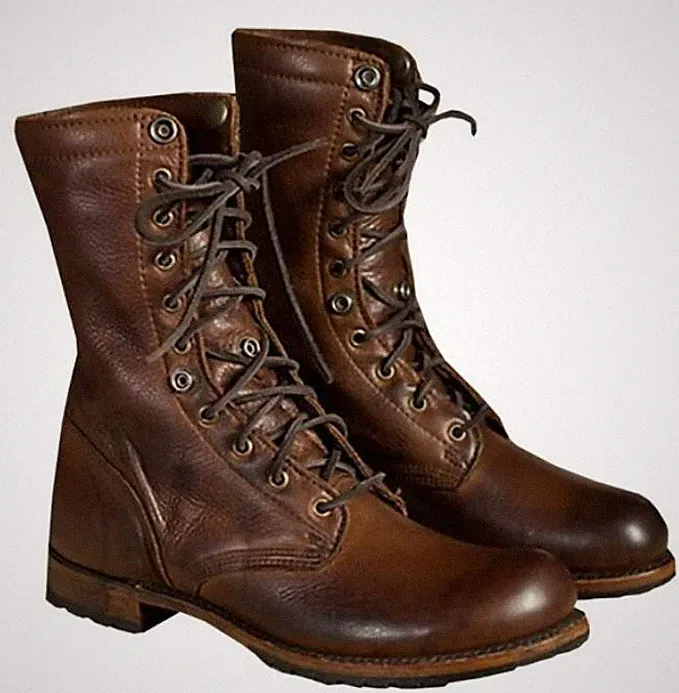 Men Punk Motorcycle PU Leather Mid Calf Boots Military Lace Up Combat Shoes