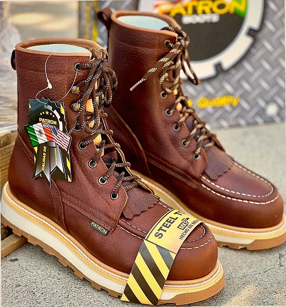 MEN'S 8" STEEL TOE MOC TOE GENUINE LEATHER LACE SAFETY OCRE COLOR WORK BOOTS 956