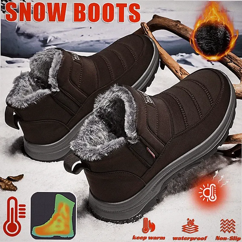 Men's Ankle Warm Snow Boots Insulated Waterproof Fur Lining Shoes Winter Outdoor