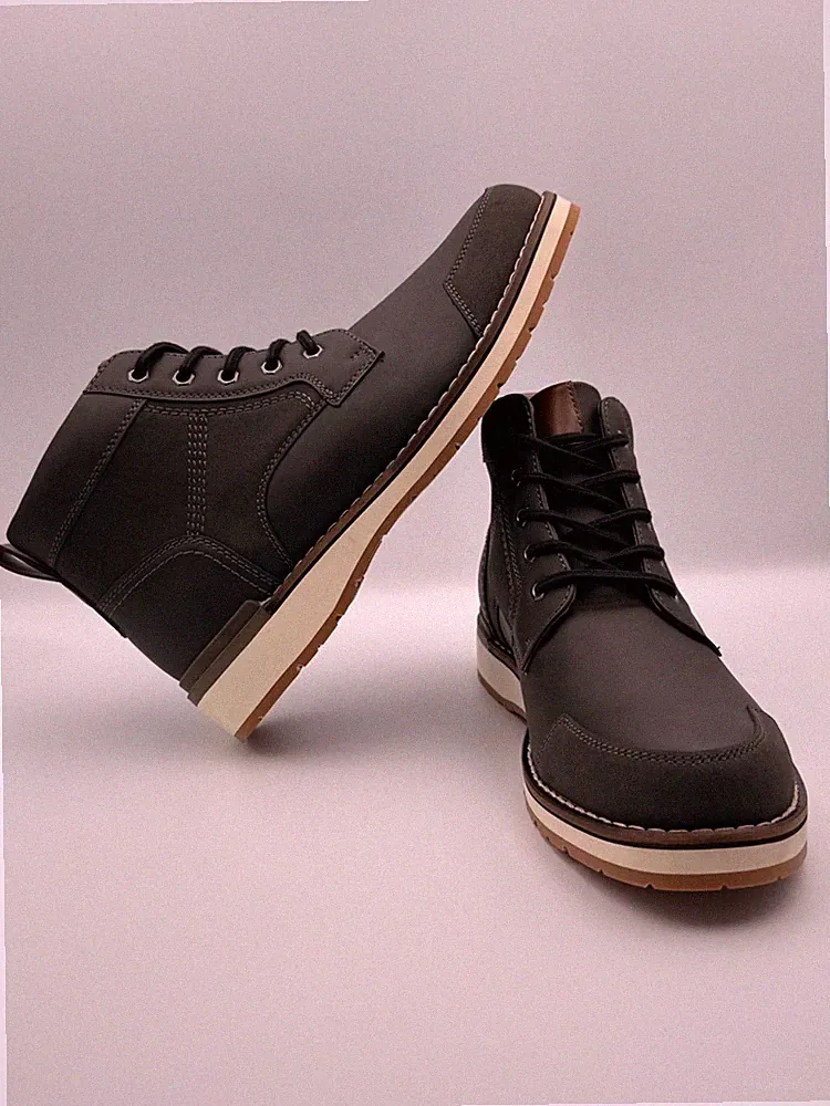Men's Black Synthetic Lace-Up Ankle Combat Boots with Brown Rubber Sole