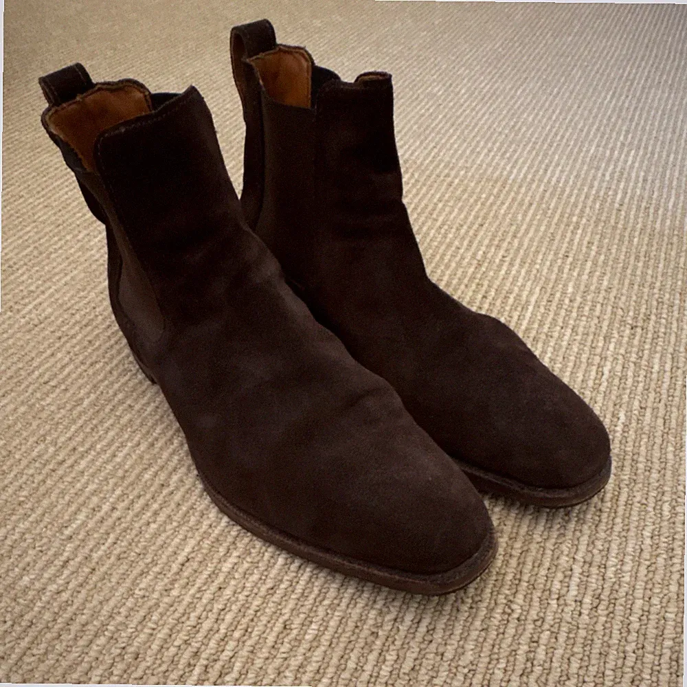 Men's Brown Suede Chelsea Ankle Boots Slip-On Almond Toe Solid Pattern