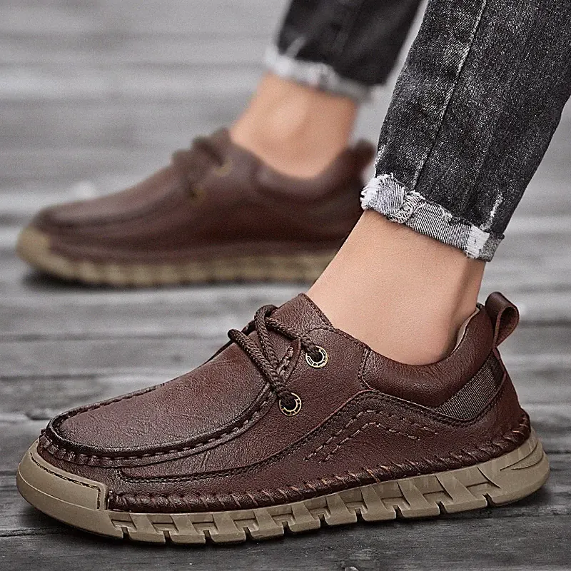 Men's Casual Lace Up Leather Outdoor Hiking Shoes Round Toe Flats Handmade Shoes