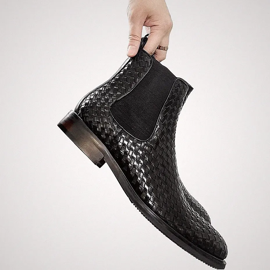 Men's Chelsea Ankle Boots Weaving Woven Real Genuine Leather Dress Shoes Evening