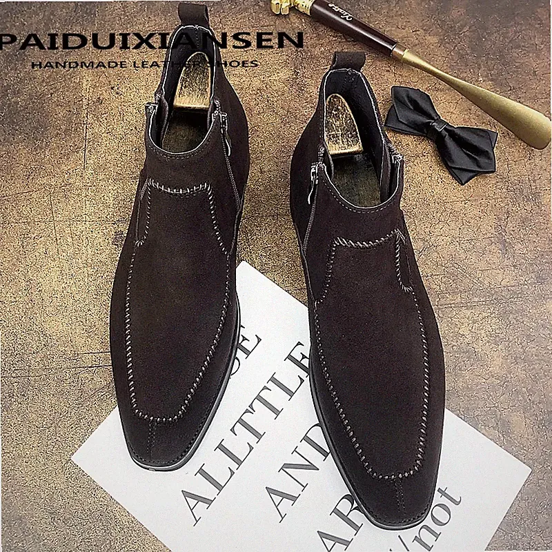 Men's Chelsea Boots Genuine Leather Suede Cotton Genuine Leather Ankle Boots Sz