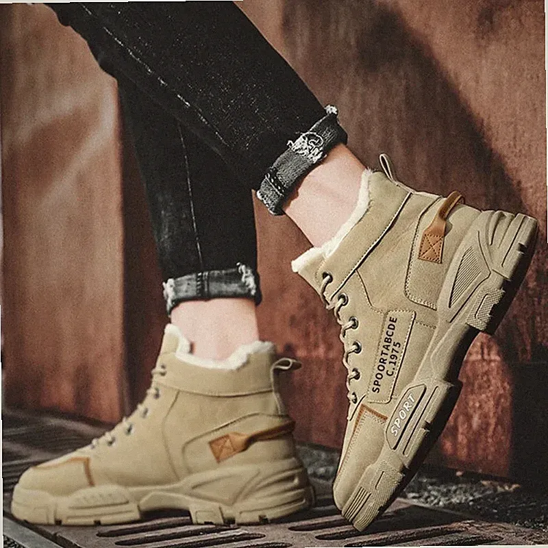 Men's Classic Lace-Up Work Boots Plush Fur Lined for Outdoor Hiking Non-Slip New