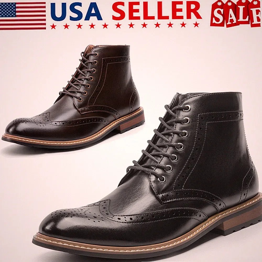 Men's Dress Ankle Motorcycle Boots Wingtip Toe Side Zipper Closure