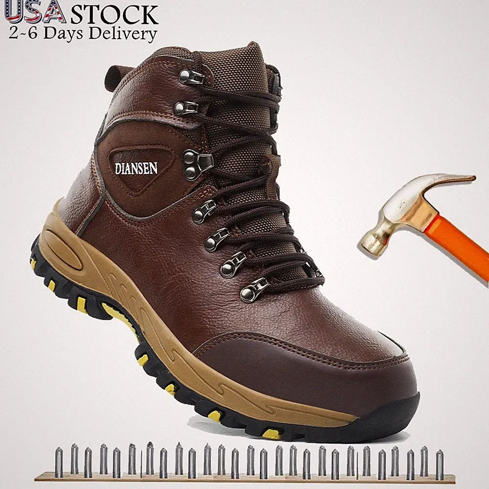 Men's Extra Widen Steel Toe Boots Rubber Sole Leather Anti shock Hiking Boots