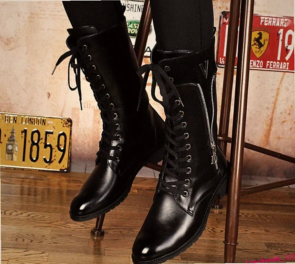 Men's Faux Leather Mid Calf Boots Lace Up Pointed Toe Zipper Fashion Shoes 2025