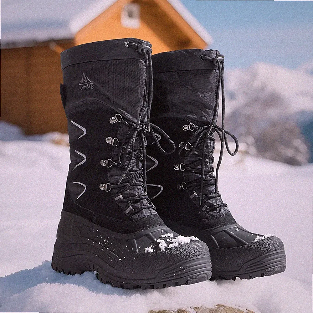 Men's Fur Liner Snow Boots Outdoor Waterproof Tall hiking Shoes Ski Boots BLACK