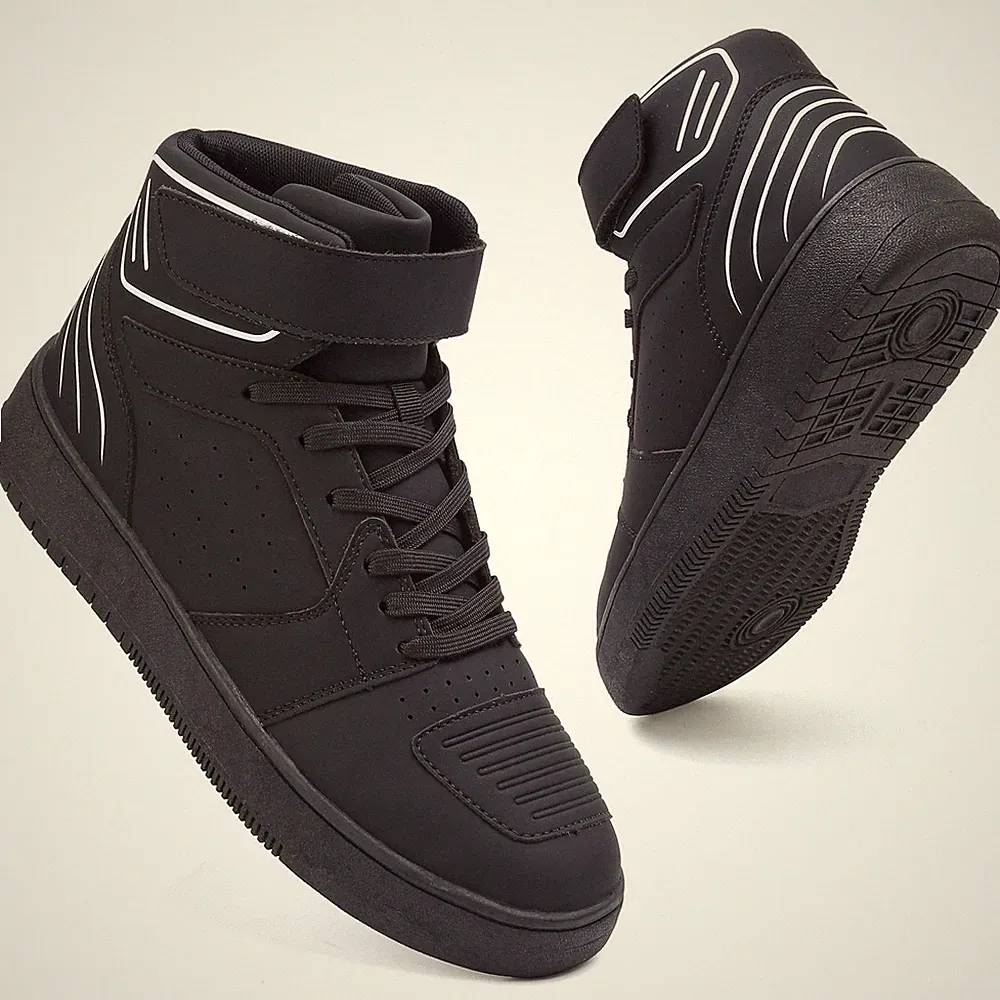 Men's High Top Motorcycle Boots with Ankle Strap Lace Up Moto Sneakers