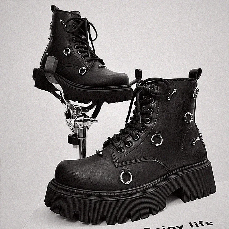 Men's High-Top Platform Motorcycle Boots Non-Slip Wear-Resistant Street Shoes