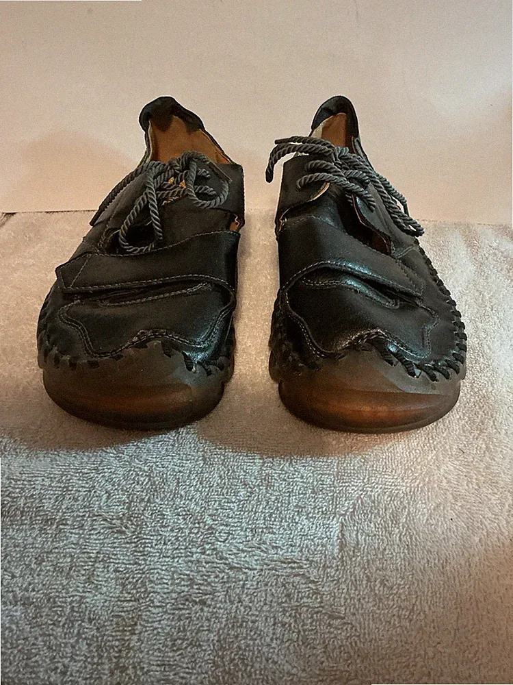 Men’s Hiking Shoes SZ 10 Black Faux Leather Lace Up Hook & Loop Rubber Soles