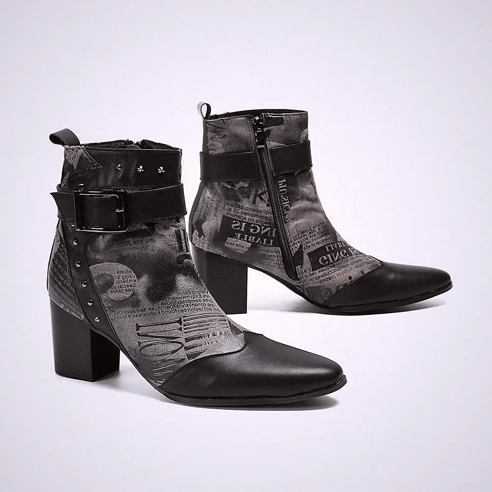 Men's Leather Ankle Boots Mid High Top Heel Chelsea Shoes Nightclub Evening Bar