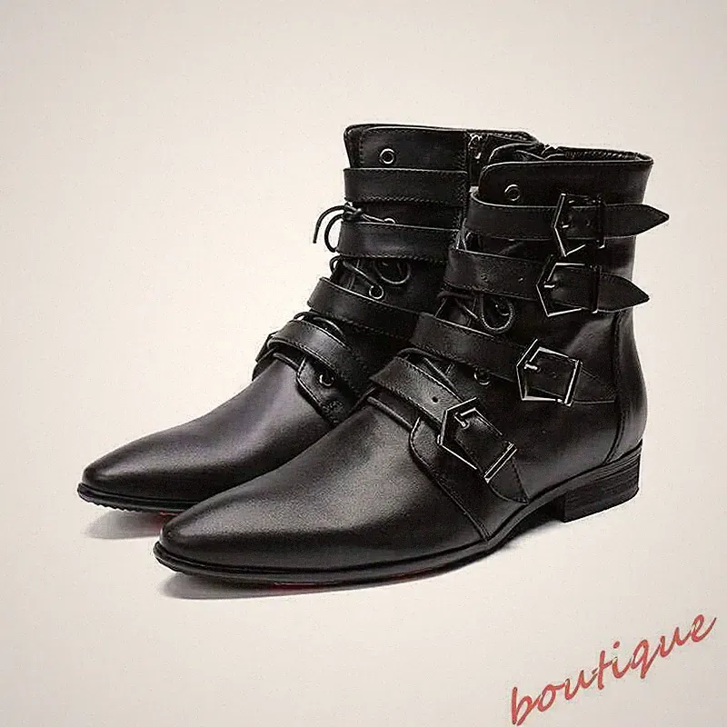 Men's Leather Buckle Strap Ankle Boots Motorcycle Casual Punk Club Party Shoes