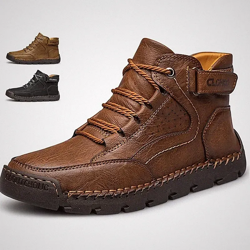 Men's Leather Hiking Shoes Lace-up Soft Outdoor Walking Ankle Boots Winter Shoes