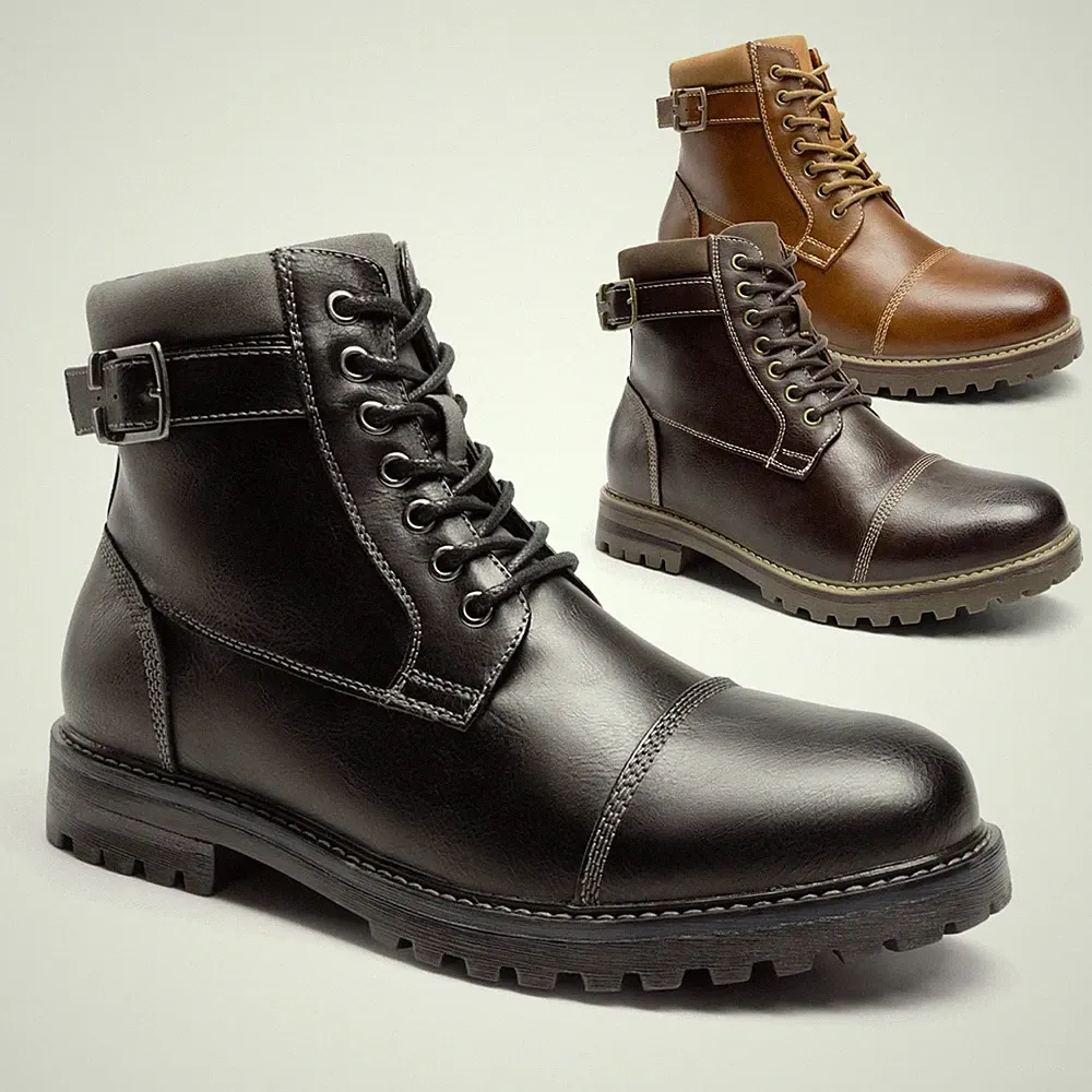 Men's Leather Motorcycle Combat Faux Fur Military Ankle Boots 6.5-13