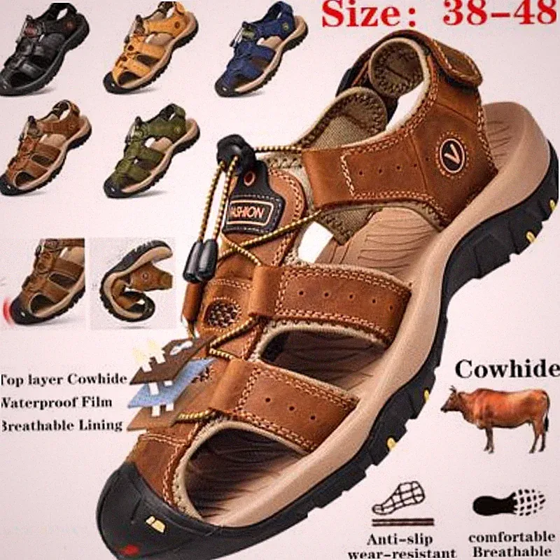 Men's Leather Sandals Closed Toe Beach Nonslip Summer Outdoor Sport Hiking Shoes