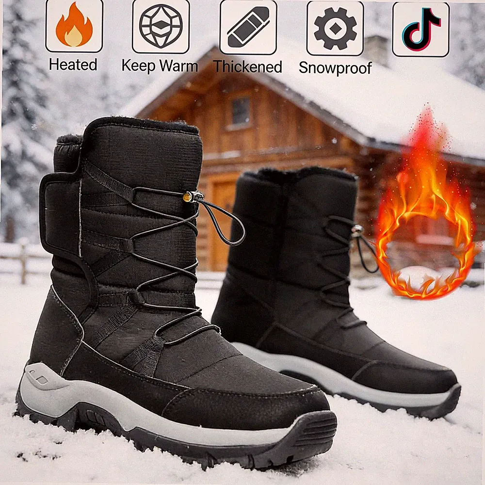 Men's Mid Calf Snow Resistant Snow Boots Winter Plush Lined Outdoor Casual Boots