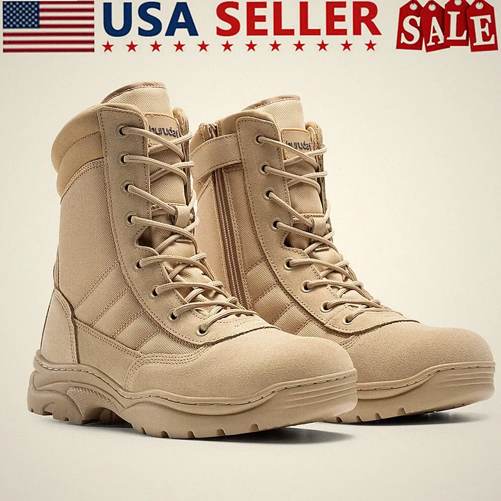 Men's Military Tactical Work Boots Side Zipper Leather Motorcycle Combat Boots