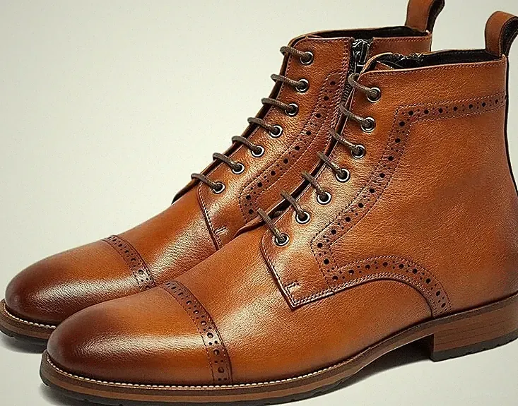 Men's Motorcycle Boots Genuine Leather lace-Up Casual Dress Work Boots For Men