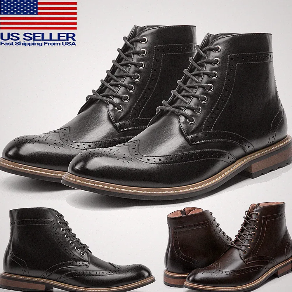 Men's Motorcycle Brogue Boots Oxford Derby Dress Shoes Wingtip Toe Size 6.5-15