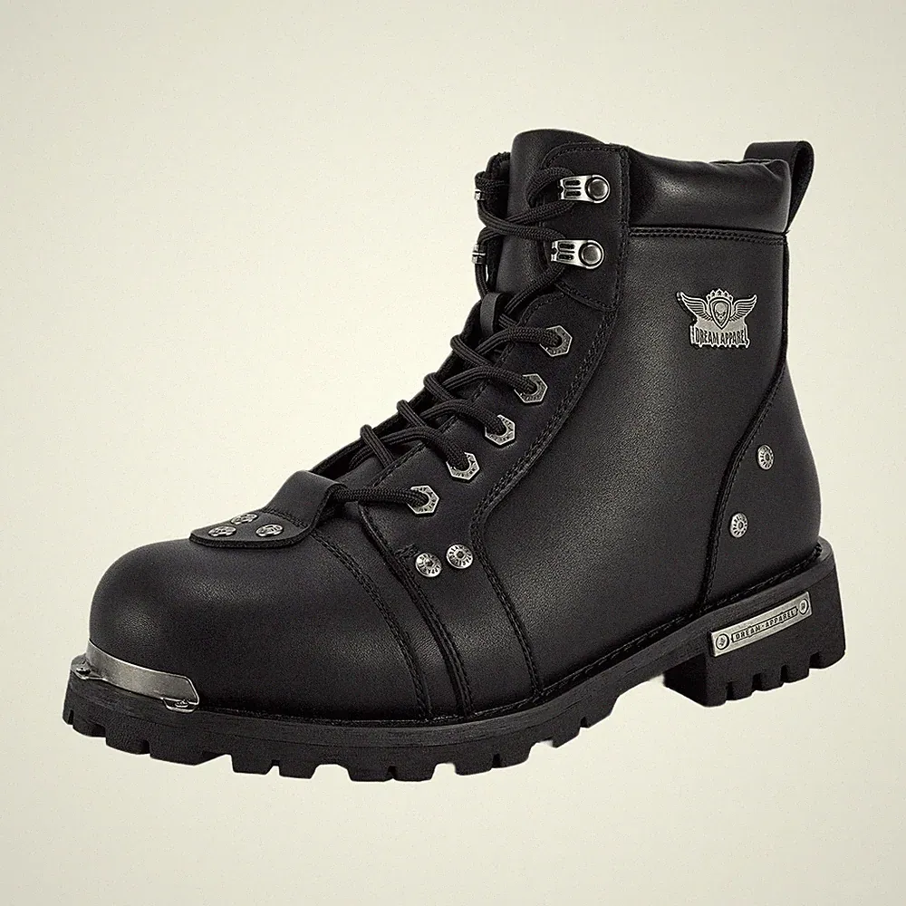 Men's Motorcycle Riding Boots Waterproof Black Faux Leather Side Zipper