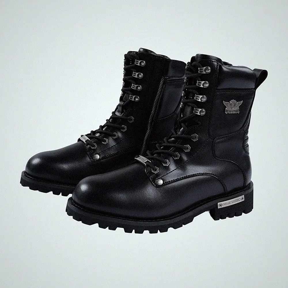 Men's Motorcycle Riding Boots YKK Zipper Black Faux Leather Side Zipper