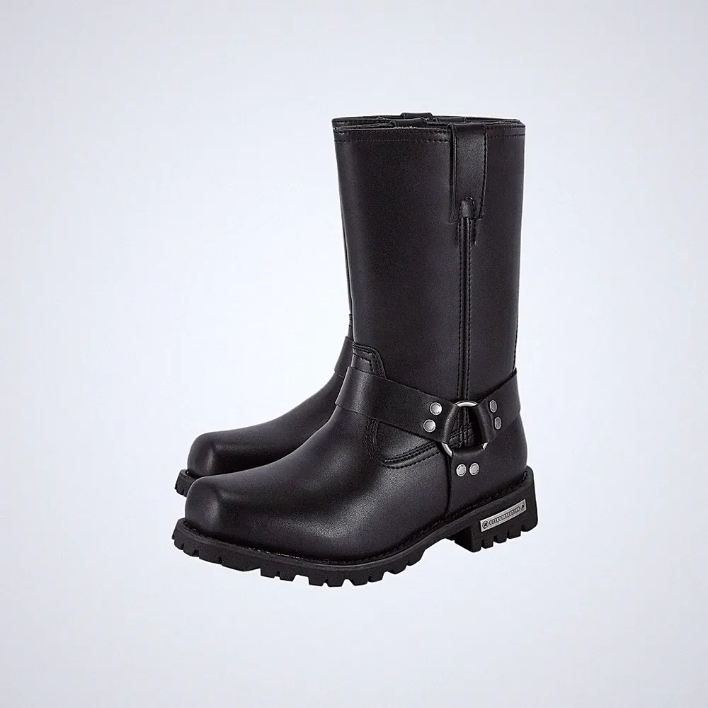 Men's Motorcycle Riding Mid Calf Biker Boots Waterproof Black PU Leather