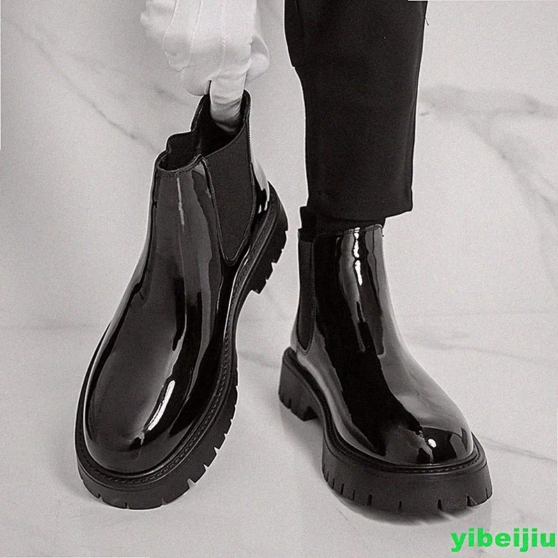 Men's Shiny Leather Chelsea Ankle Boots Platform Business Evening Western Shoes