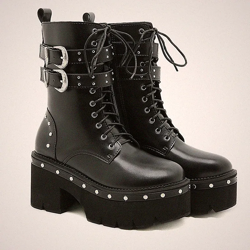 Men's Studded Rivets Platform Motorcycle Ankle Boots Punk High Block Heel Shoes