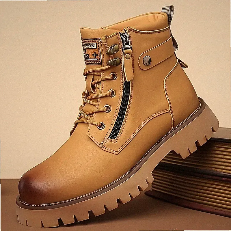Men's US 8.5-11.5 Brown Hiking Boots Lace Up Side Zipper Ankle Casual Shoes Outd