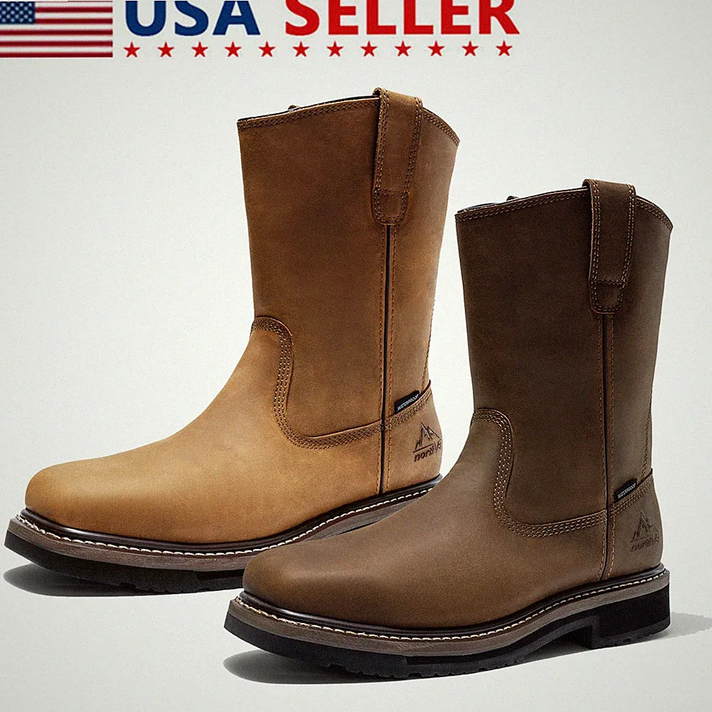 Men's Western Steel Toe Boots Waterproof Leather Pull On Farm Shoes