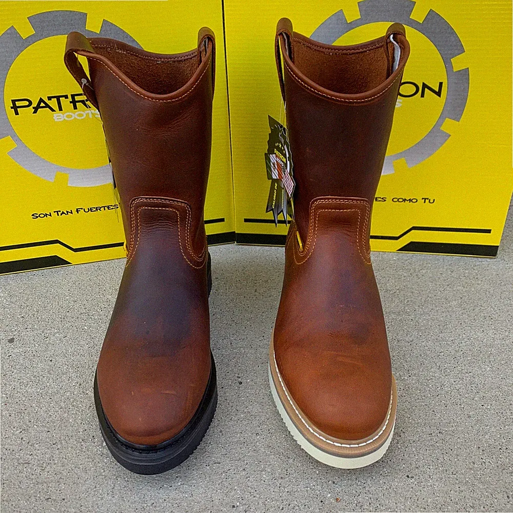 MEN'S WORK BOOTS SOFT TOE PULL ON ROUND TOE SAFETY BROWN GENUINE LEATHER #107RAY