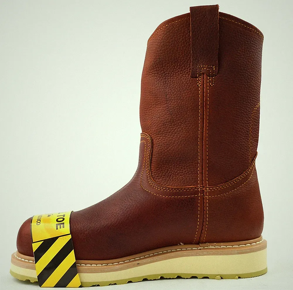 MEN'S WORK BOOTS STEEL TOE PULL ON ROUND TOE SAFETY BROWN GENUINE LEATHER BOTAS