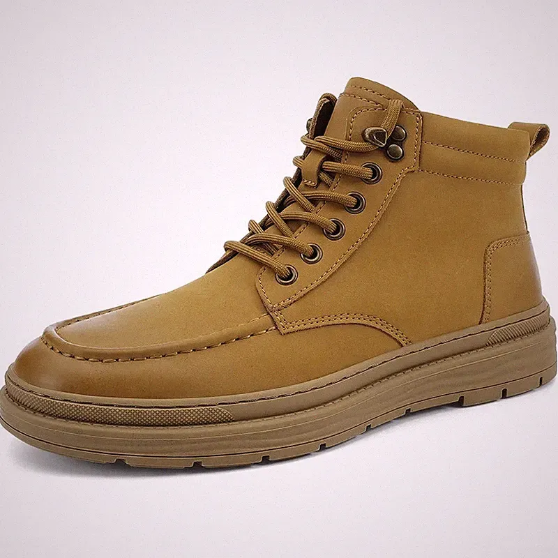 Men's Work Safety Boots, Outdoor Hiking Leather, Medium High Top Lace Up Shoes