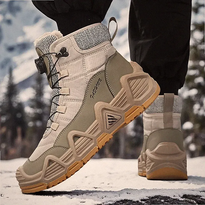 Men Winter High-Top Fleece Lined Snow Boots Fashion Warm Hiking Motorcycle Shoes