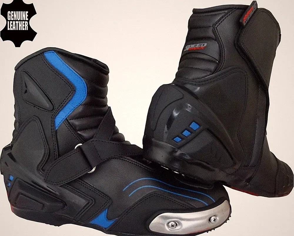 Mens Black/Blue Leather Motorbike/Motorcycle Racing Sports Boots Riding Shoes