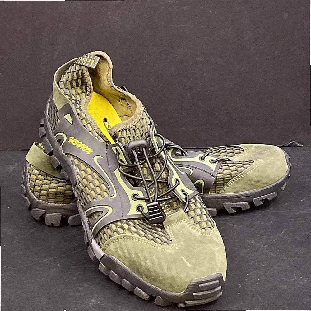 Mens Fashion Olive Green Leather Mesh Elastic Tie Hiking Outdoor Water Shoes 9.5