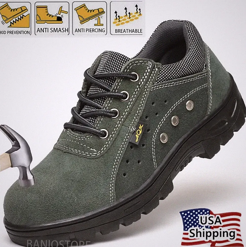 Mens Green Work Boots Breathable Safety Shoes Steel Toe Cap Slip Resistant Size