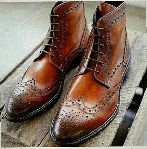 Mens Handmade Genuine Brown Leather Boot Oxford Lace Up Wingtip Formal Boots