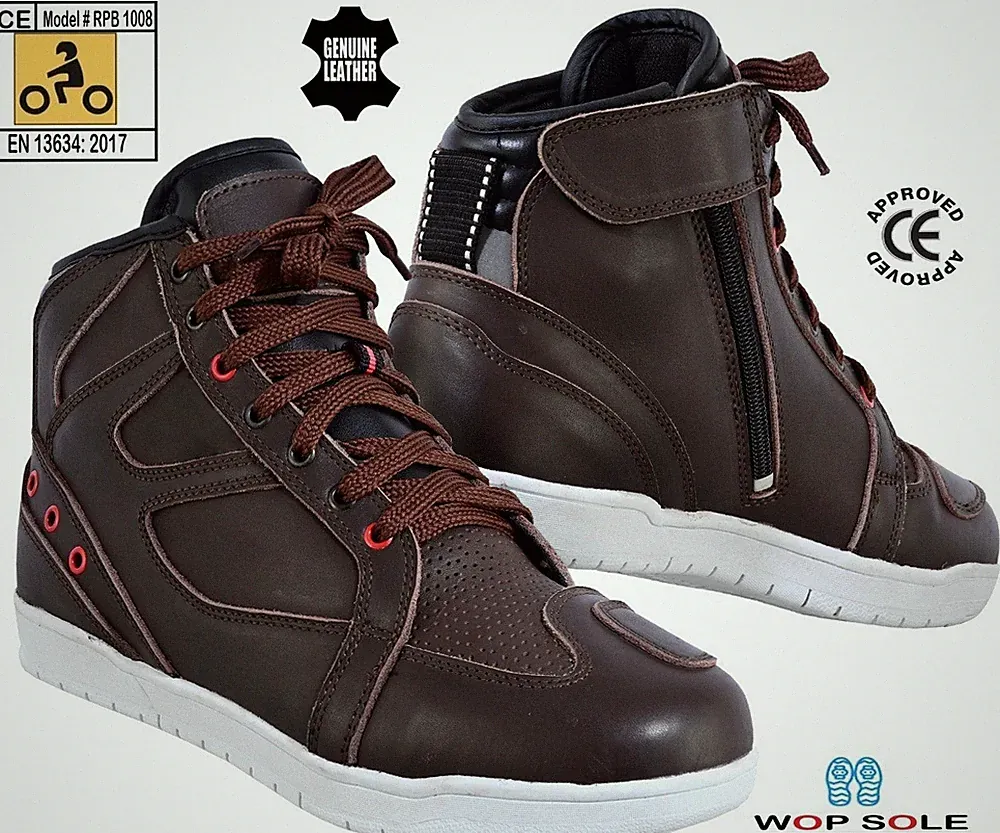 Mens Leather Sneaker CE Motorbike Motorcycle Shoes Short Cafe Biker Brown Boots