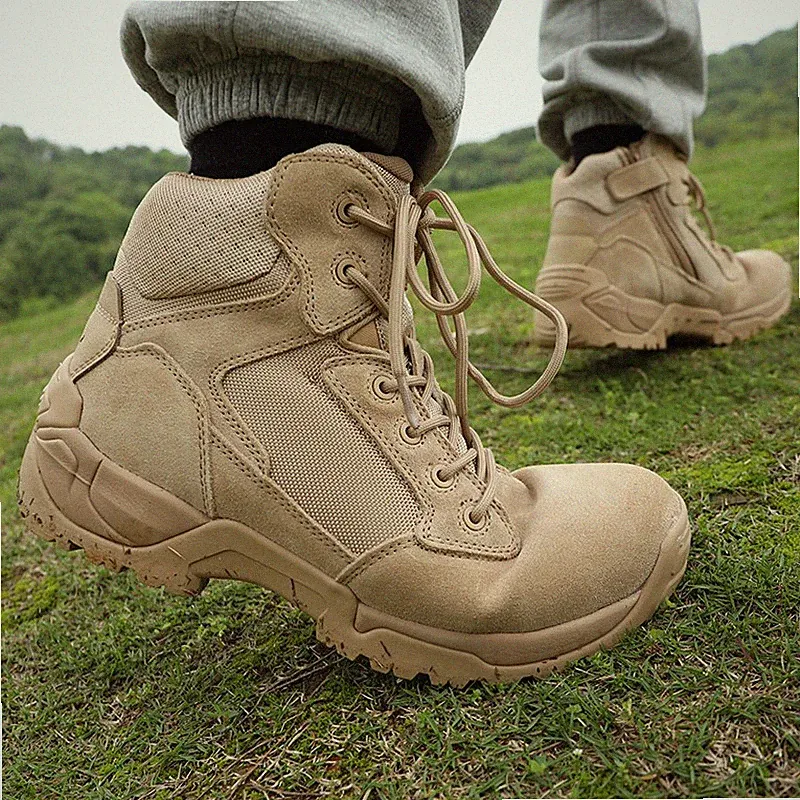 Mens Motorcycle Tactical Boots Side Zipper Military Combat Boots Sand