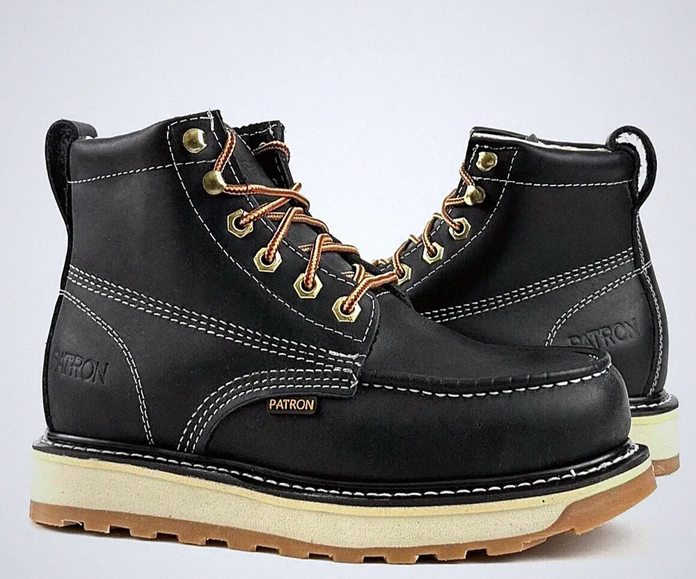 MENS PATRON BOTAS DE TRABAJO GENUINE LEATHER LACE UP SOFT TOE BLACK WORK BOOTS