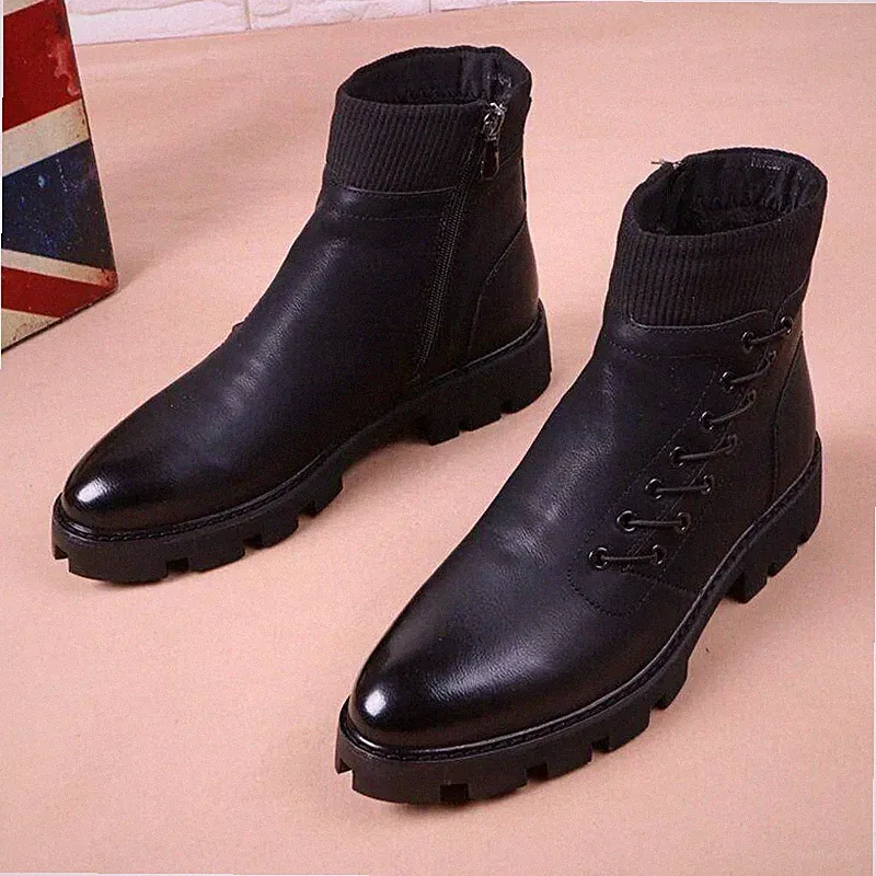 Mens Pointed Toe Ankle Boot Cotton Motorcycle Boots Black Punk Platform Shoes