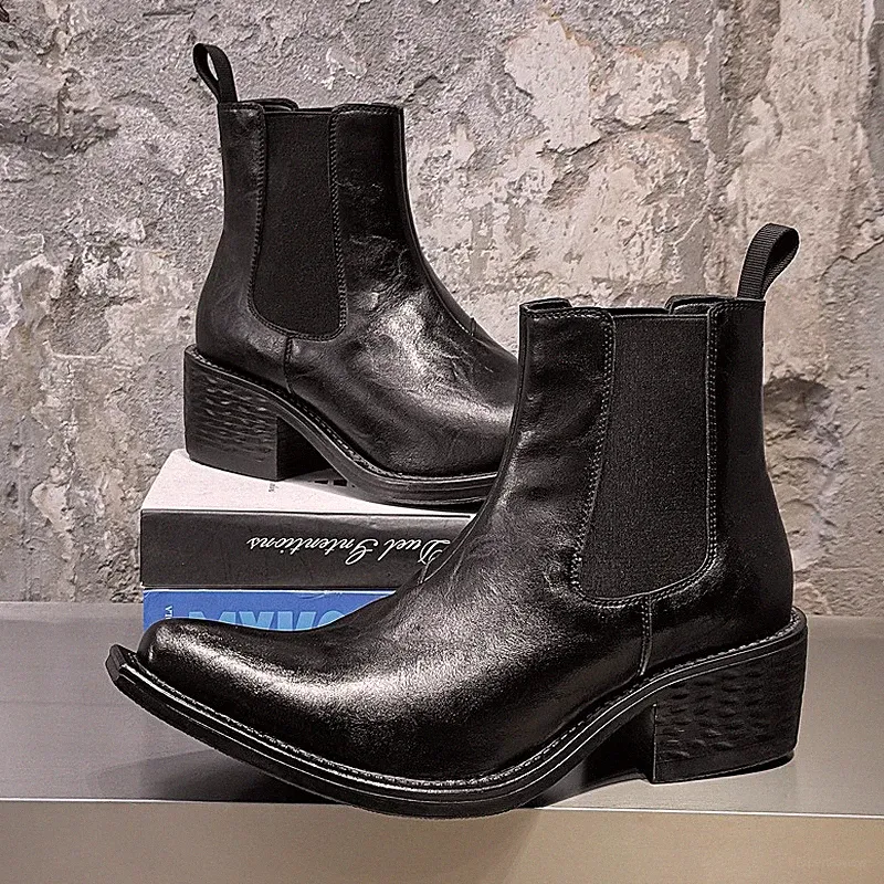 Mens Pointed Toe Mid Heels Cuban Heel Ankle Chelsea Boots Evening Party Shoes Sz